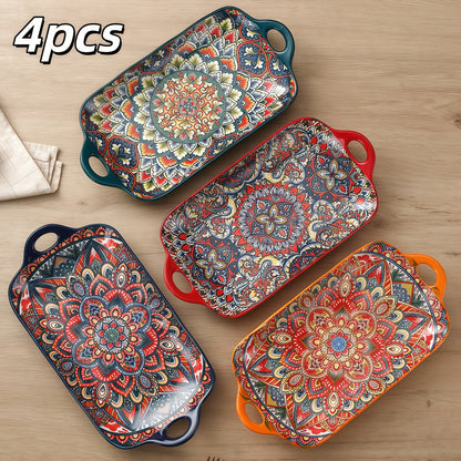of 4, Bohemian-Inspired Ceramic Dish, Double-Handled Baking Tray, Rectangular Fish Platter, Ideal for Family Gatherings, Dining Establishments, Sushi Restaurants, Celebrations, Outdoor Picnics, Pasta Dishes, Vegetable Salads, Fruits, Desserts