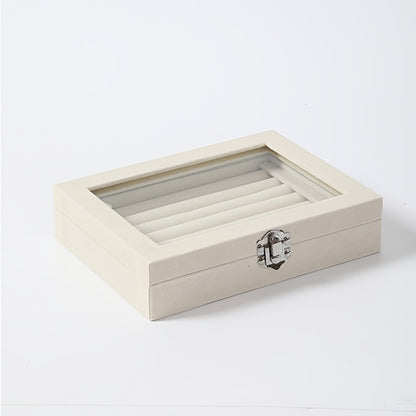 49-Ring Capacity Glass-Like Plastic Jewelry Box with Locking Lid - Large Rectangular Ring & Earring Storage Case for,, Dresser Organizer - Waterproof & Anti-Tarnish, 4 Colors (Black, White, Brown, Beige) - Holiday Gift, Jewelry Boxes