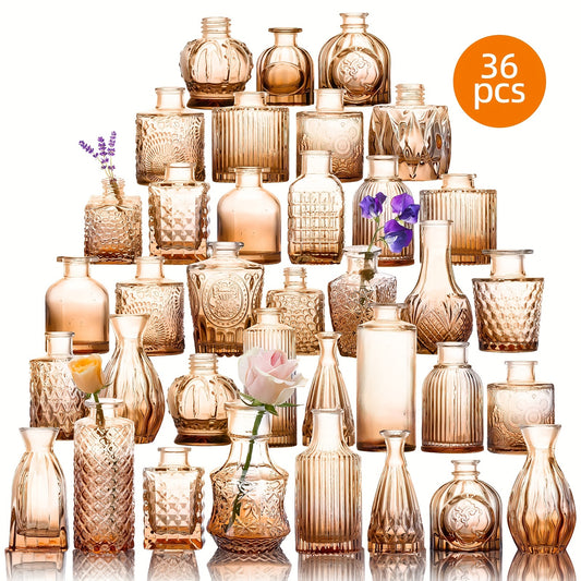 36 Amber Glass Bud Vase Set, Small Vases For Flowers, Vases For Centerpieces Mini Flower Vases In Bulk For Rustic Wedding Decorations Vintage Look Home Table Decor, Multiple Sizes, For Halloween And Christmas