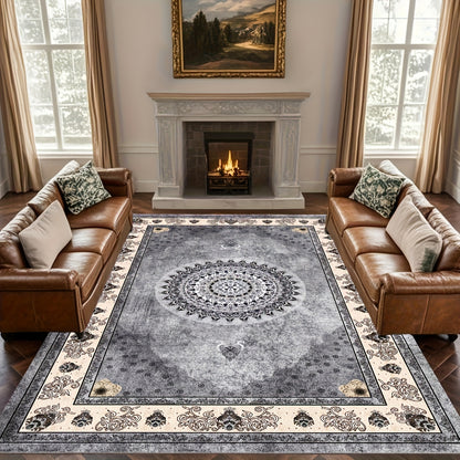 Bohemian Persian Velvet Area Rug Non-Slip Machine Washable – Vintage Floral Paisley Pattern 1000g/m² 100% Polyester Carpet for Living Room & Bedroom – 6 Sizes, High-Traffic Durable