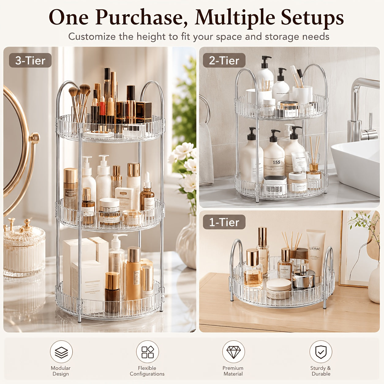 2/3 Floor Bathroom Trays 360 Rotating Makeup Organizer High-Capacity Skincare Clear Make Up Storage Perfume Organizers Detachable Multi-functional Assembly The Third Layer Comes with An Additional 2 U-shaped Hooks And 1 Tray, Bathroom Trays