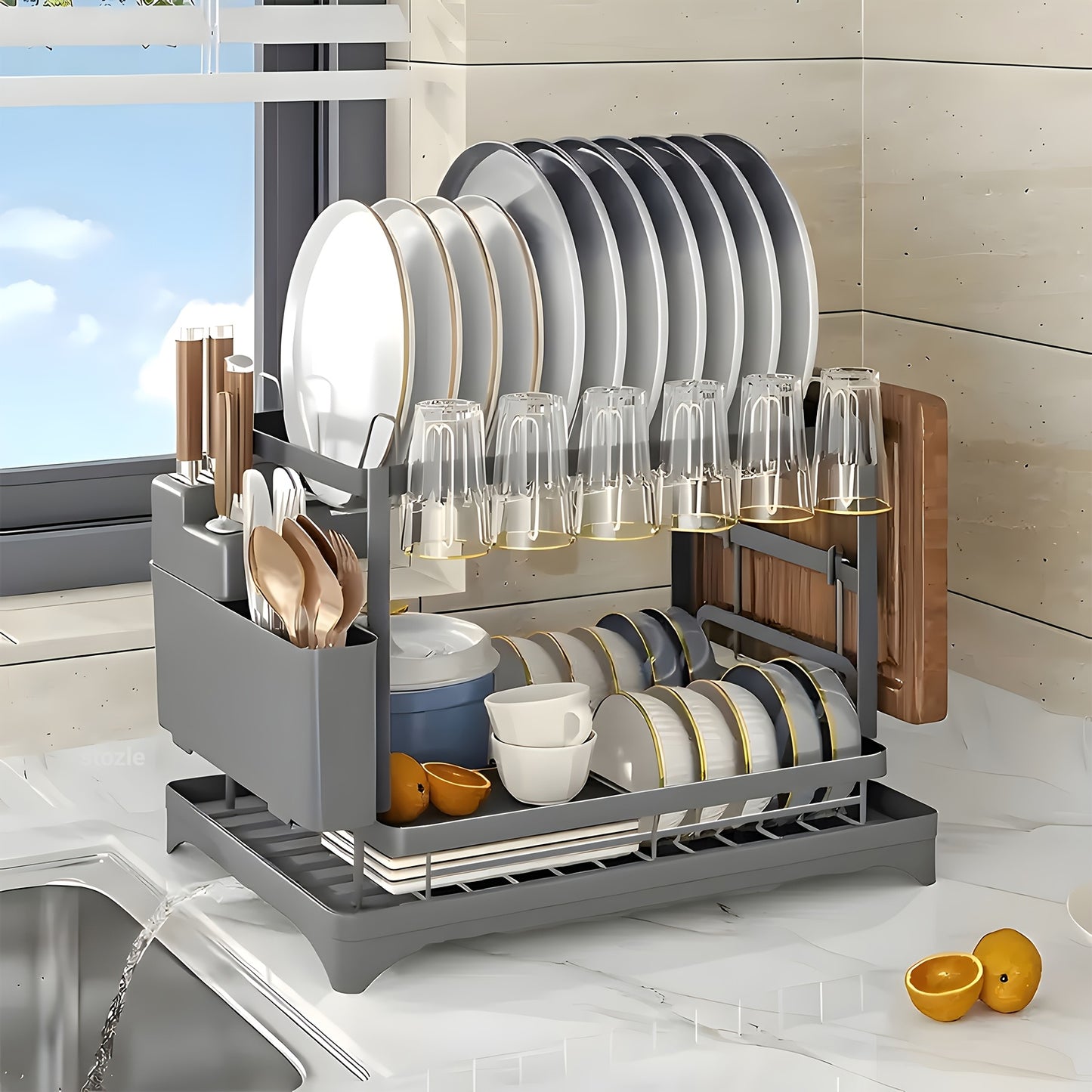 Two-Level Dish Drying Rack for Kitchen Surfaces, Dish Drainer with a Drainboard, Metal Kitchen Dish Holder with Drainage, Two-Tier Kitchen Drying Rack, Black Dish Holders