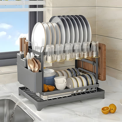 Two-Level Dish Drying Rack for Kitchen Surfaces, Dish Drainer with a Drainboard, Metal Kitchen Dish Holder with Drainage, Two-Tier Kitchen Drying Rack, Black Dish Holders