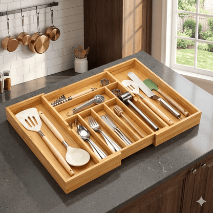 Bamboo Drawer Organizer Expandable - Adjustable Silverware Tray, Cutlery And Utensil Holder for Kitchen Drawer, Multi-Use Storage Tray for Office, Home