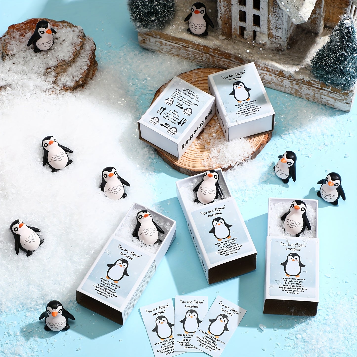 36 Sets Emotional Support Penguin Resin Cards - Positive Appreciation Gifts for Volunteers, Teachers, Employees, Coworkers - Mental Health Breathing Box with Uplifting Messages, Graduation & End of Year Desk Decor (No Batteries Needed), Penguin Gifts