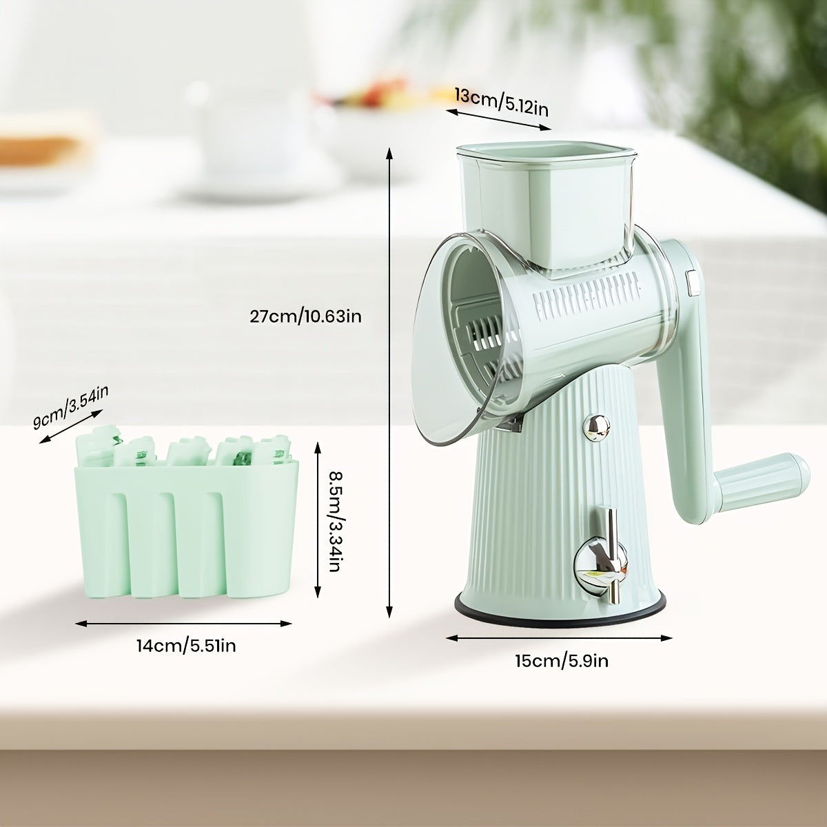 5-in-1 Manual Rotary Cheese Grater With Handle Interchangeable Blades, Easy To Clean Vegetable Slicer Shredder Set Strong Suction Cup Base Ideal For Fruits, Vegetables, And Nuts Multifunctional Kitchen Essential With Suction Cup Stability