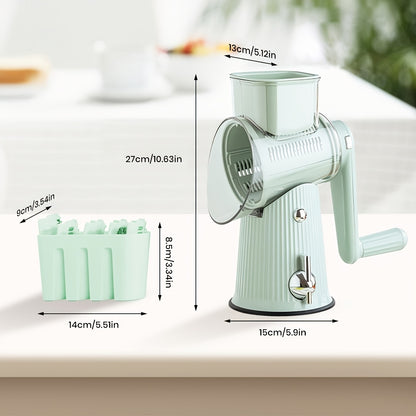 5-in-1 Manual Rotary Cheese Grater With Handle Interchangeable Blades, Easy To Clean Vegetable Slicer Shredder Set Strong Suction Cup Base Ideal For Fruits, Vegetables, And Nuts Multifunctional Kitchen Essential With Suction Cup Stability