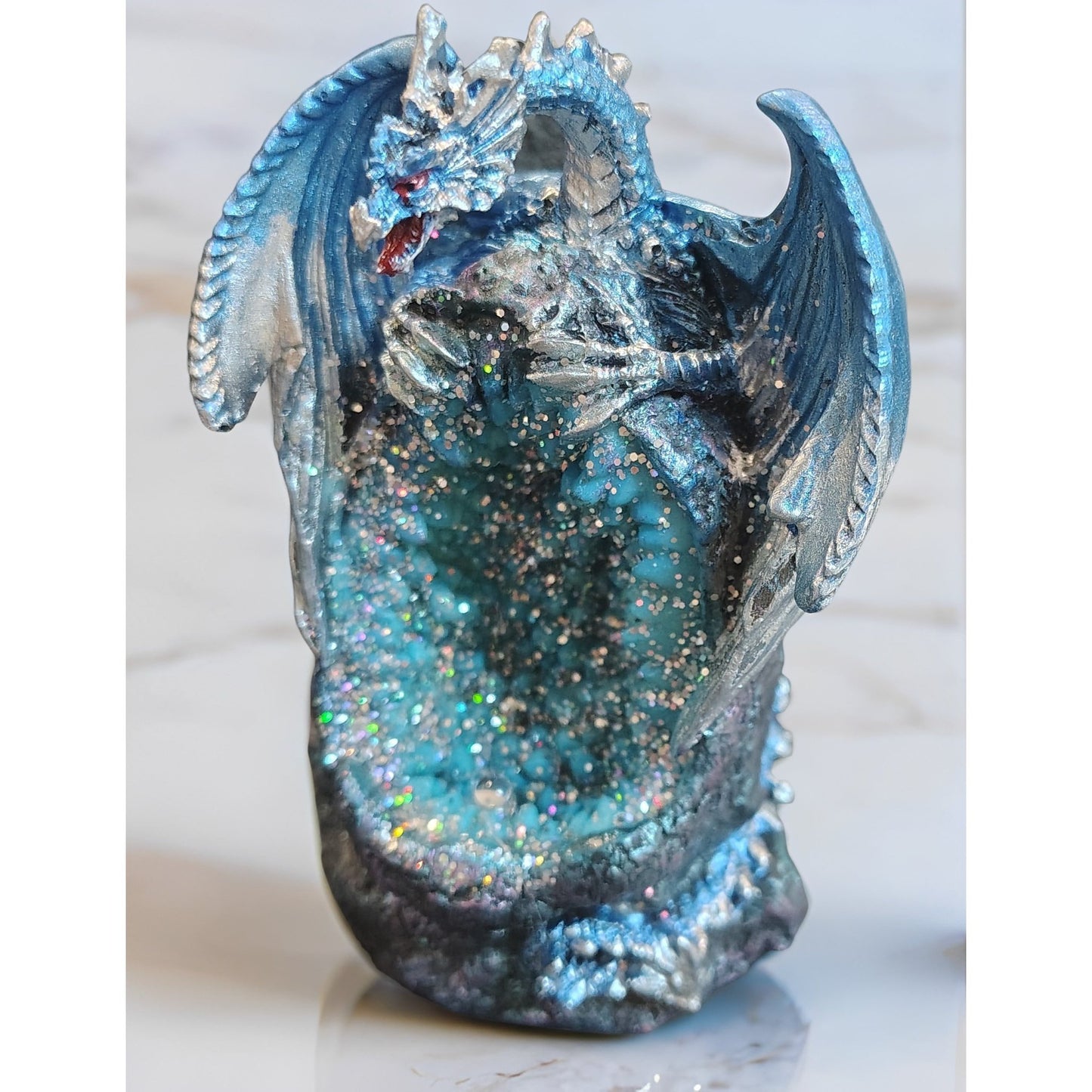 4" H Dragon Guarding Faux Crystal Cave Figurine Statue Home/Room Decor and Perfect Gift Ideas for House Warming, Holidays and Birthdays Great Collectible Addition