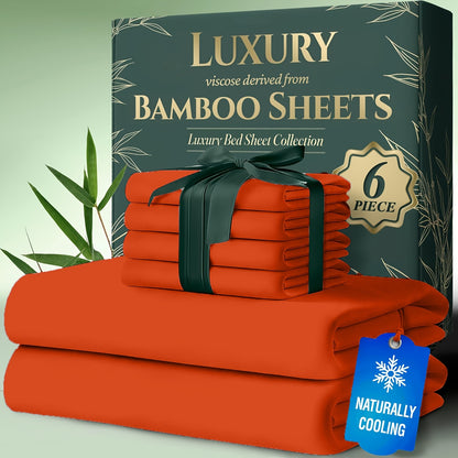 6pcs Cooling Bamboo Bed Sheets Sets - Ultra Soft & Luxuriously Keep Cool In Summer, 17" Deep Pocket, Double Stitching - Cooling Fiber Bed Sheets