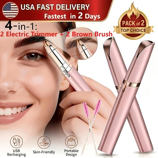Electric Eyebrow Trimmer for Women 2 Pack, USB Rechargeable Painless Precision Eyebrow Razor Pen, Portable Hair Remover for Face Lip Leg Armpit – Pink White Colorful