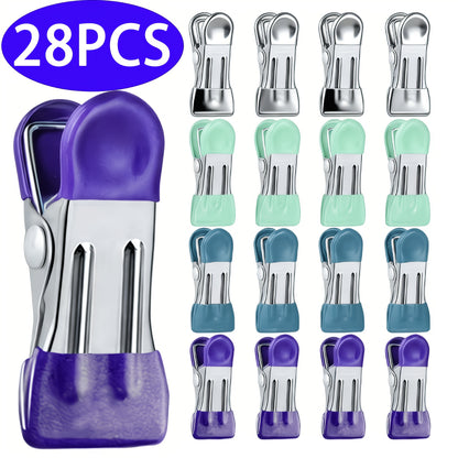 28pcs Stainless Steel Clips, Heavy Duty Rustproof Strong Grips, Multipurpose Airtight Sealing Clips for Food Bags, Clothes Hanging, Kitchen, Office, Home (Random Colors)
