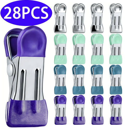 28pcs Stainless Steel Clips, Heavy Duty Rustproof Strong Grips, Multipurpose Airtight Sealing Clips for Food Bags, Clothes Hanging, Kitchen, Office, Home (Random Colors)