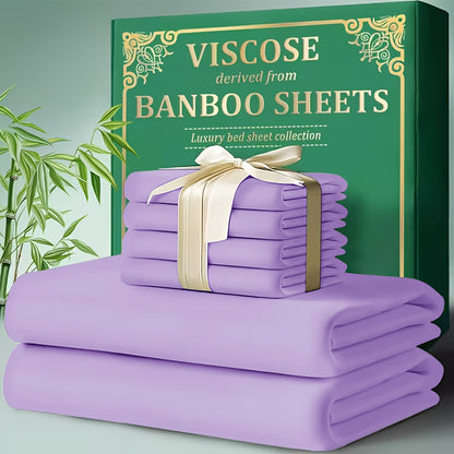 4pcs Bamboo Cooling Bed Sheet Set - Ultra Soft Breathable Sheets With Deep Pocket Fitted Bedspread (18"-24" Height), 2200 TC Cooling Fabric, Shrink & Wrinkle Resistant, For All-Season Comforter Fit - Modern Bedding Collection For Hot