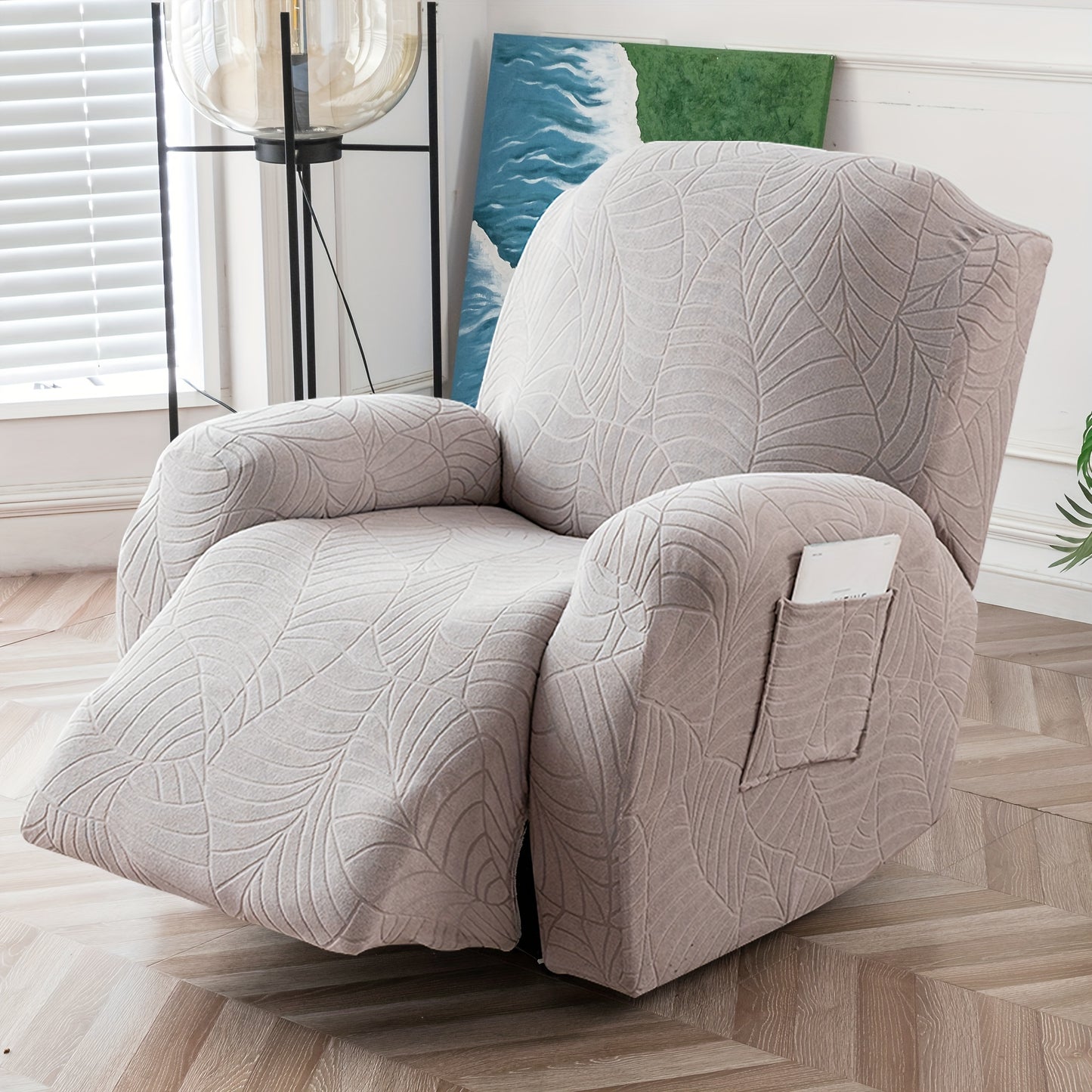 Recliner Chair Cover Slipcover 4-Piece Set – Leaf Jacquard Stretch Furniture Protector with Storage Pocket, Non-Slip Recliner Sofa Cover for Living Room, Machine Washable, 6 Colors Available