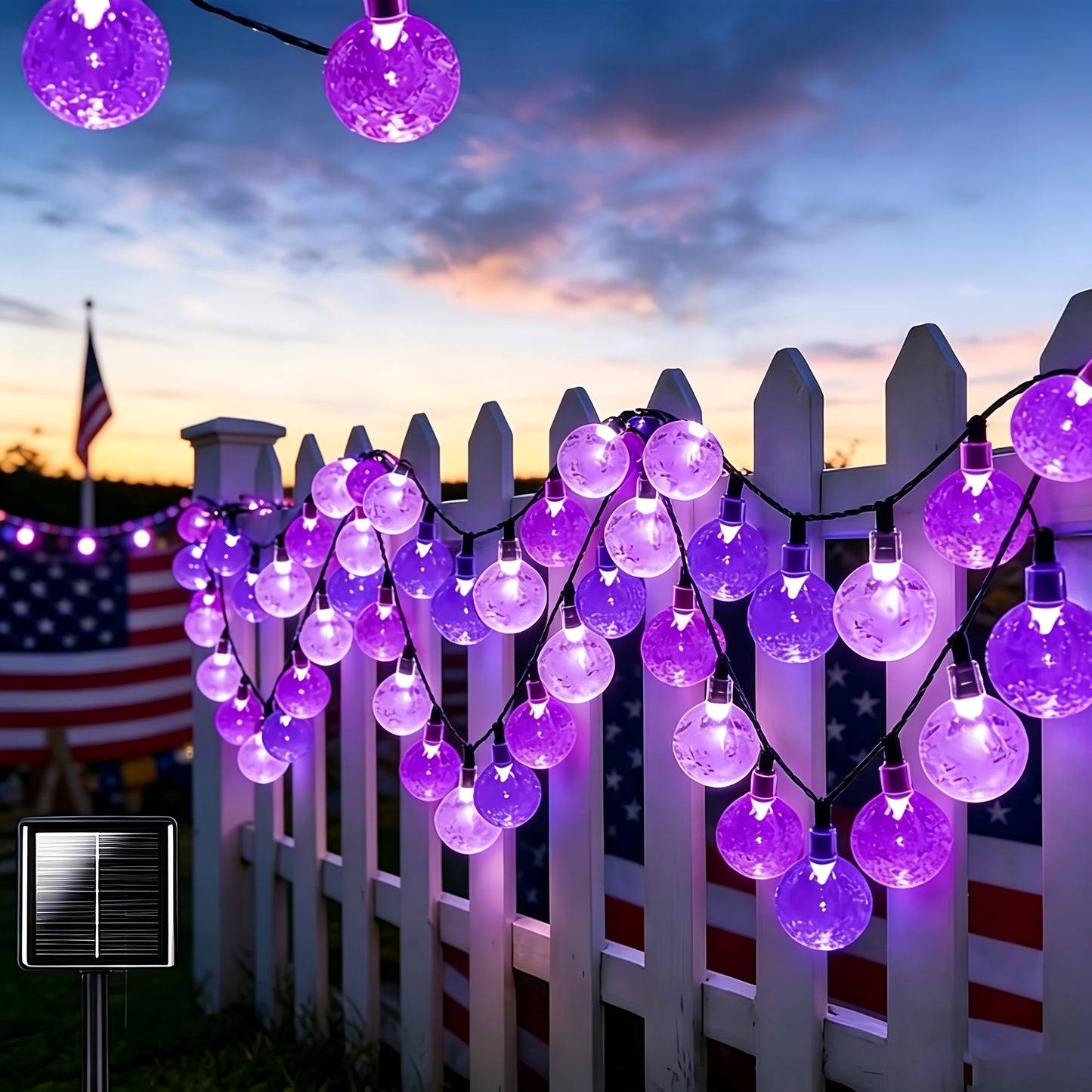 Bubble Ball String Lights, 39ft Total Length, 100LED Patriotic Lights, Red White Blue Crystal Ball Solar String Lights for Outdoor Decoration, 8 Lighting Modes, Suitable for Anniversaries, Independence Day, July 4th, Halloween, Christmas Decorations
