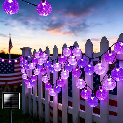 Bubble Ball String Lights, 39ft Total Length, 100LED Patriotic Lights, Red White Blue Crystal Ball Solar String Lights for Outdoor Decoration, 8 Lighting Modes, Suitable for Anniversaries, Independence Day, July 4th, Halloween, Christmas Decorations