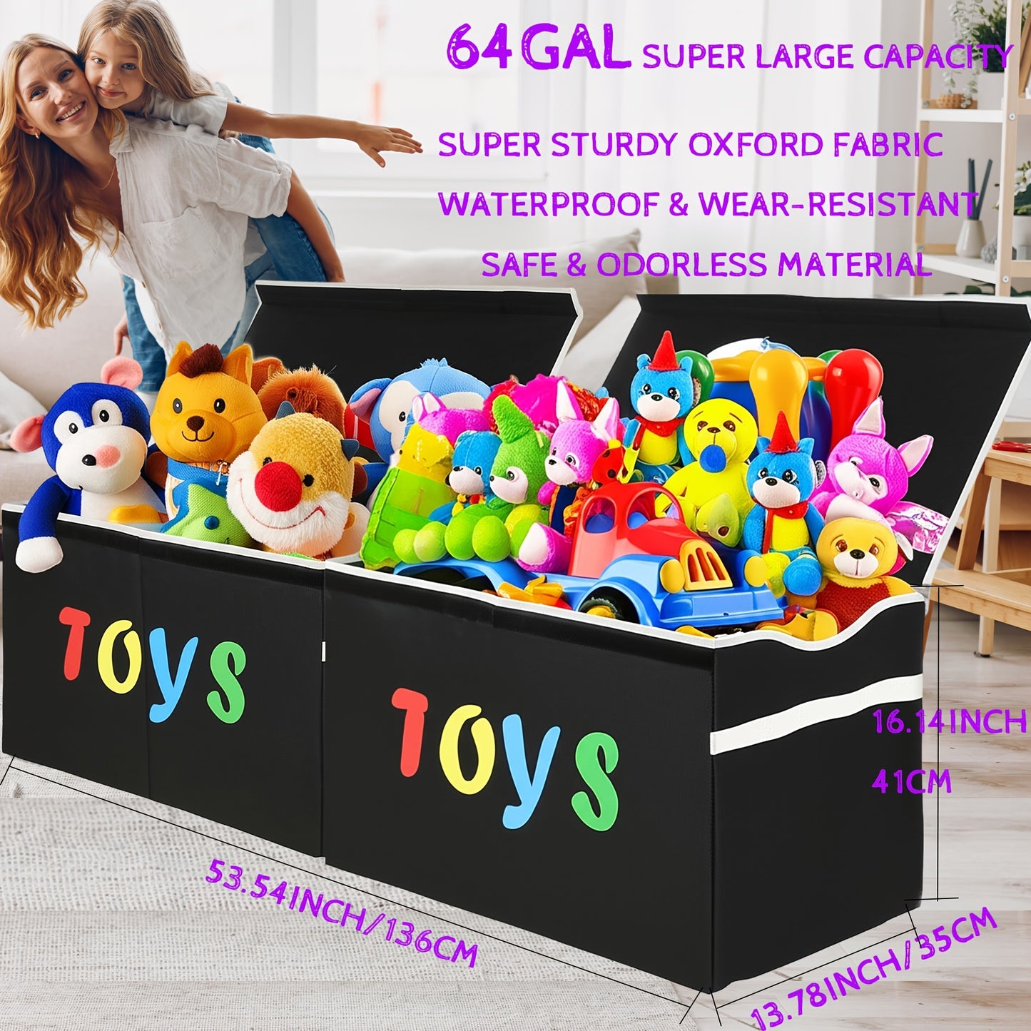 Collapsible Storage Box with Lid & Adjustable Dividers | Large Toy Chest Bin 54x16x14 Inch | Foldable Organizer for Playroom Bedroom Nursery | Boys Girls Toy Storage Box Black Dark Grey