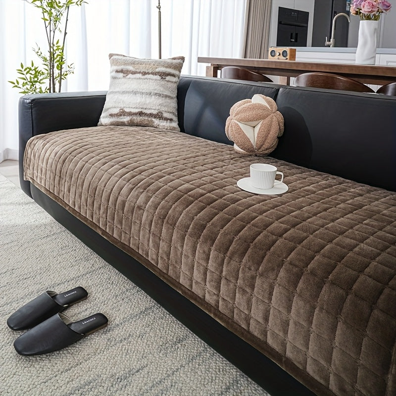 Sofa Cushion Cover Flannel Non-Slip Bohemian Style Soft Plush Couch Cover - Machine Washable Solid Color Slipcover for 2/3/4-Seater Sofa Living Room Bedroom Office, Coffee Gray White, Easy Care