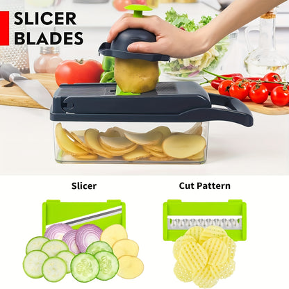1pc Vegetable Chopper, Plastic Manual Food Chopper, 16-in-1 Multifunctional Kitchen Slicer and Dicer with 8 Blades and Container, for Fruits and Vegetables, 1-10L Capacity
