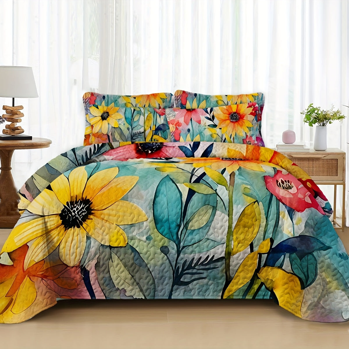 2/3pcs Floral Lightweight Comforter Quilt Set Queen King Twin Full Size for Girl Women Mother'S Day Gift, Boho Bedspread Coverlet Blanket Bed Cover for Spring Summer Autumn, Soft Breathable Microfiber White Reversible Comforter Patchwork Bedding