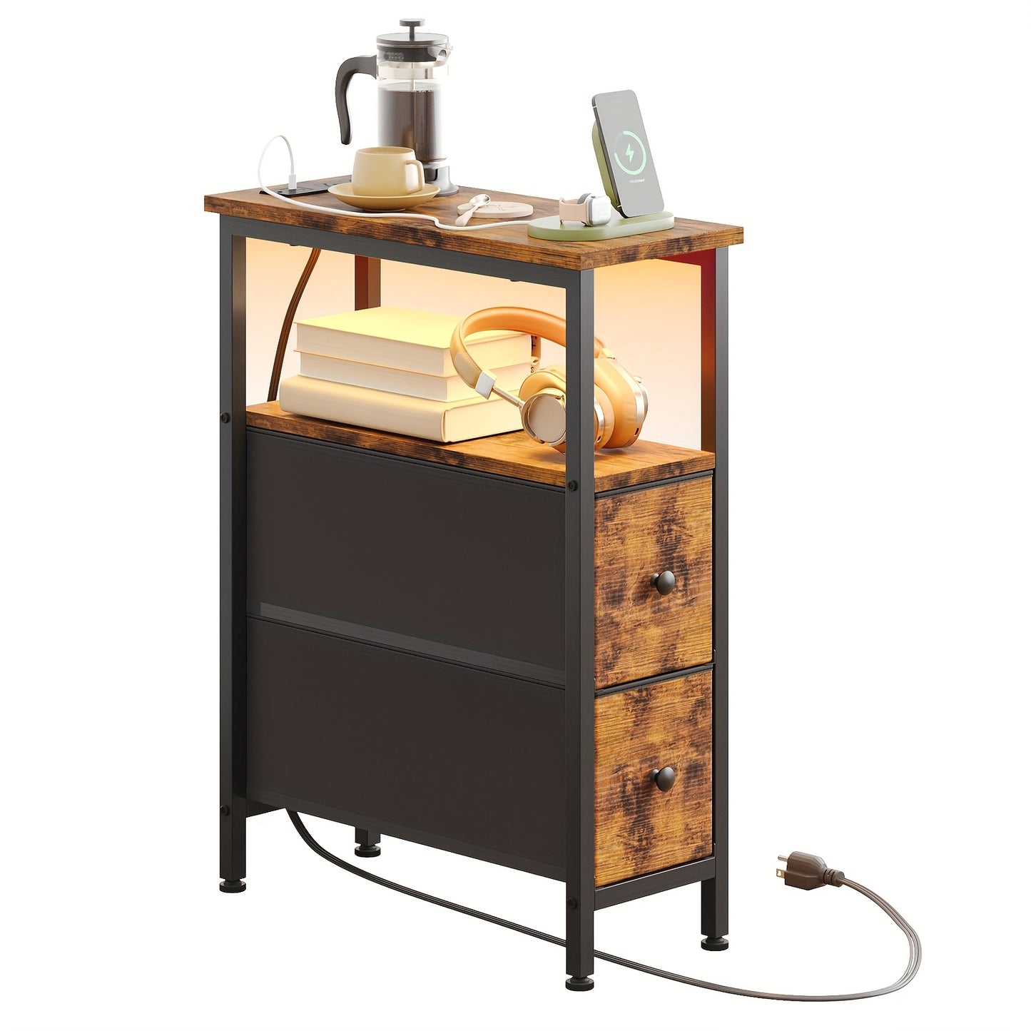 1pc/2pcs Narrow End Tables Living Room With Charging Station, Skinny Side Table With Fabric Drawers, Slim LED Nightstand For Bedroom, School And Dormitory Storage, Small Spaces, Couch, For Halloween And Christmas, Storage Drawer Units