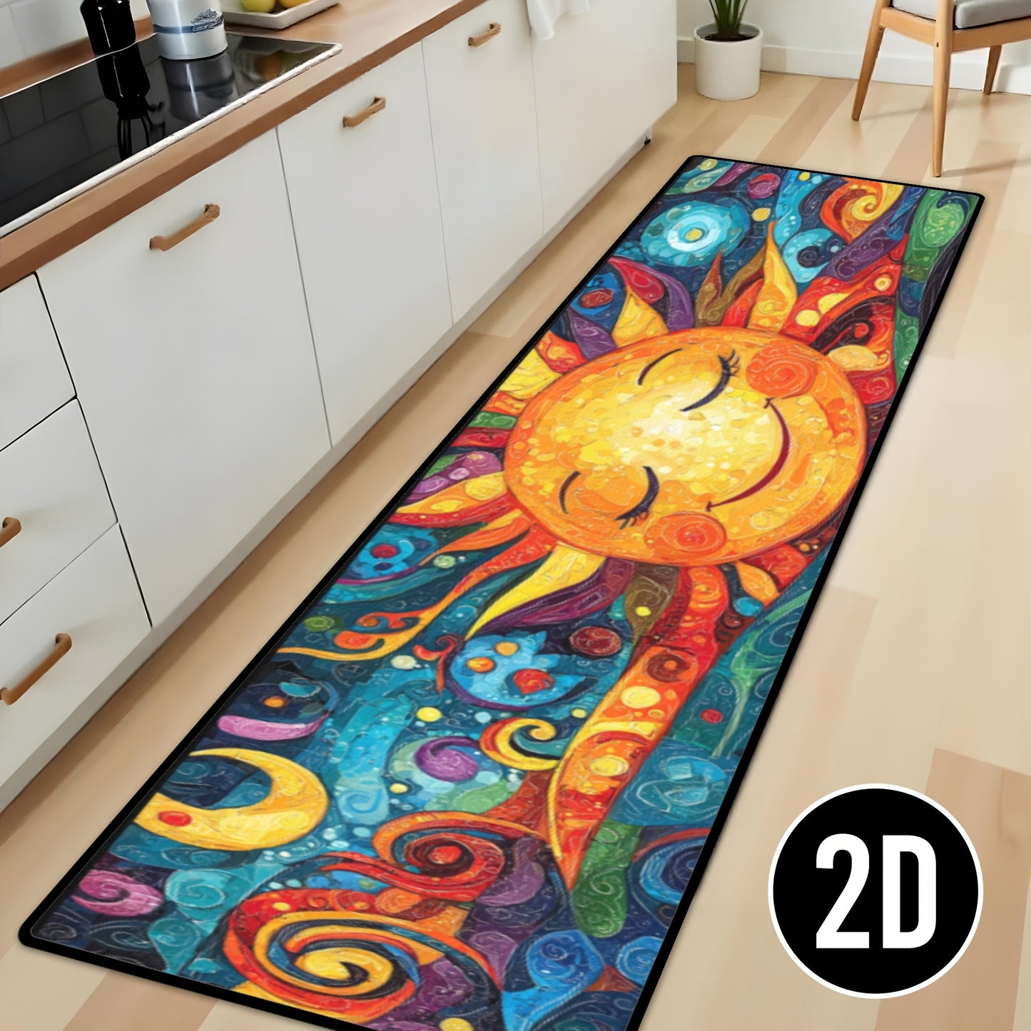 1pc of Bohemian Sun Totem Runner Rug Featuring a Colorful Mandala Pattern, Made of Soft Thick Polyester with a Non-Slip Backing. It'S Machine Washable And Ideal for Use in The Kitchen, Hallway, Living Room, Laundry Room, Or Bathroom