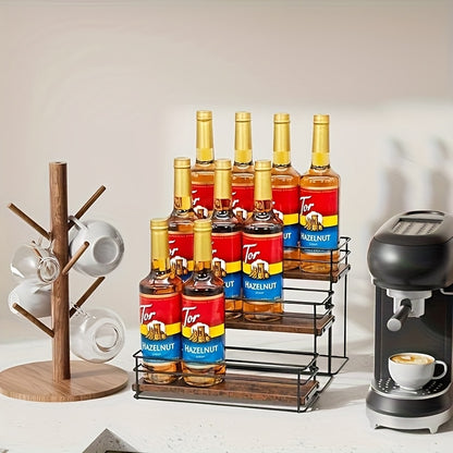 3-Tier Metal Bottle Rack Countertop Organizer – No-Install Syrup Holder for Coffee Bar, Wine & Whiskey Display Stand, Holds 12 Bottles