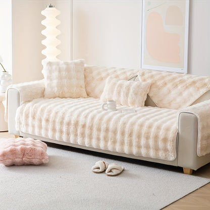 1pc Faux Rabbit Plush Sofa Cover, Winter Warm Thickened Plush Soft Sofa Cover, Pet Favorite, Dog Friendly Sofa Cover, Cushion Protection Cover, Anti Slip Sofa Furniture Protection Cover, Bedroom, Office, And Living Room Decoration Local Warehouse