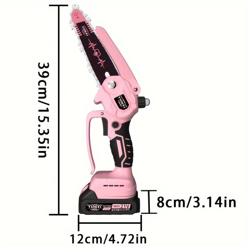 Mini Chainsaw 6 Inch 21V Cordless Battery Powered | Handheld Electric Chain Saw for Tree Branch Trimming Wood Cutting | Lightweight Portable Pruning Saw Pink