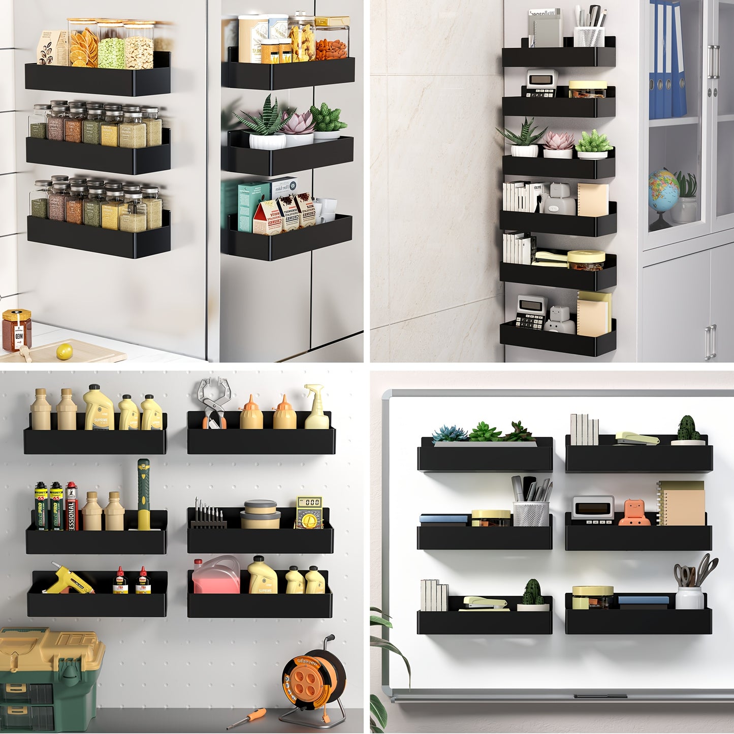 Magnetic Spice Rack Wall Mounted No Drill 6-Piece Set Heavy Duty Magnetic Storage Shelf for Refrigerator Microwave Washer Dishwasher - Kitchen Bathroom Coffee Bar Organizer Black White