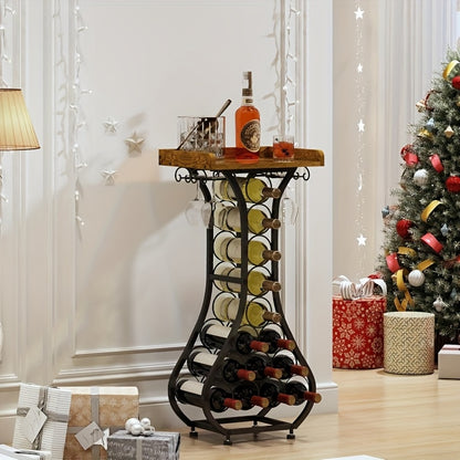 Wine Rack Freestanding Floor, Mini Bar Table Wine Holder Stand Liquor Cabinet with Glass Holder Wood Tabletop 14 Bottles Floor Wine Storage for Home Bar Kitchen Living Room