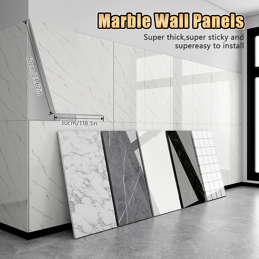 20/40/60-Pack Self-Adhesive Marble Wall Panels Set -Oversized White &Grey/Black Marble Sheets, Peel & Stick Removable Vinyl Planks, Bathroom, Kitchen, Living Room-Glossy Finish, Easy Install/Remove, Reusablelmitation Stone, DIY Home Decor