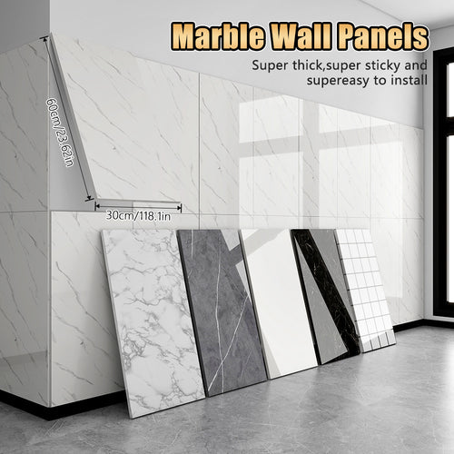 20/40/60-Pack Self-Adhesive Marble Wall Panels Set -Oversized White &Grey/Black Marble Sheets, Peel & Stick Removable Vinyl Planks, Bathroom, Kitchen, Living Room-Glossy Finish, Easy Install/Remove, Reusablelmitation Stone, DIY Home Decor