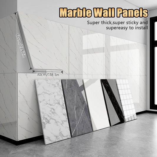 20/40/60-Pack Self-Adhesive Marble Wall Panels Set -Oversized White &Grey/Black Marble Sheets, Peel & Stick Removable Vinyl Planks, Bathroom, Kitchen, Living Room-Glossy Finish, Easy Install/Remove, Reusablelmitation Stone, DIY Home Decor