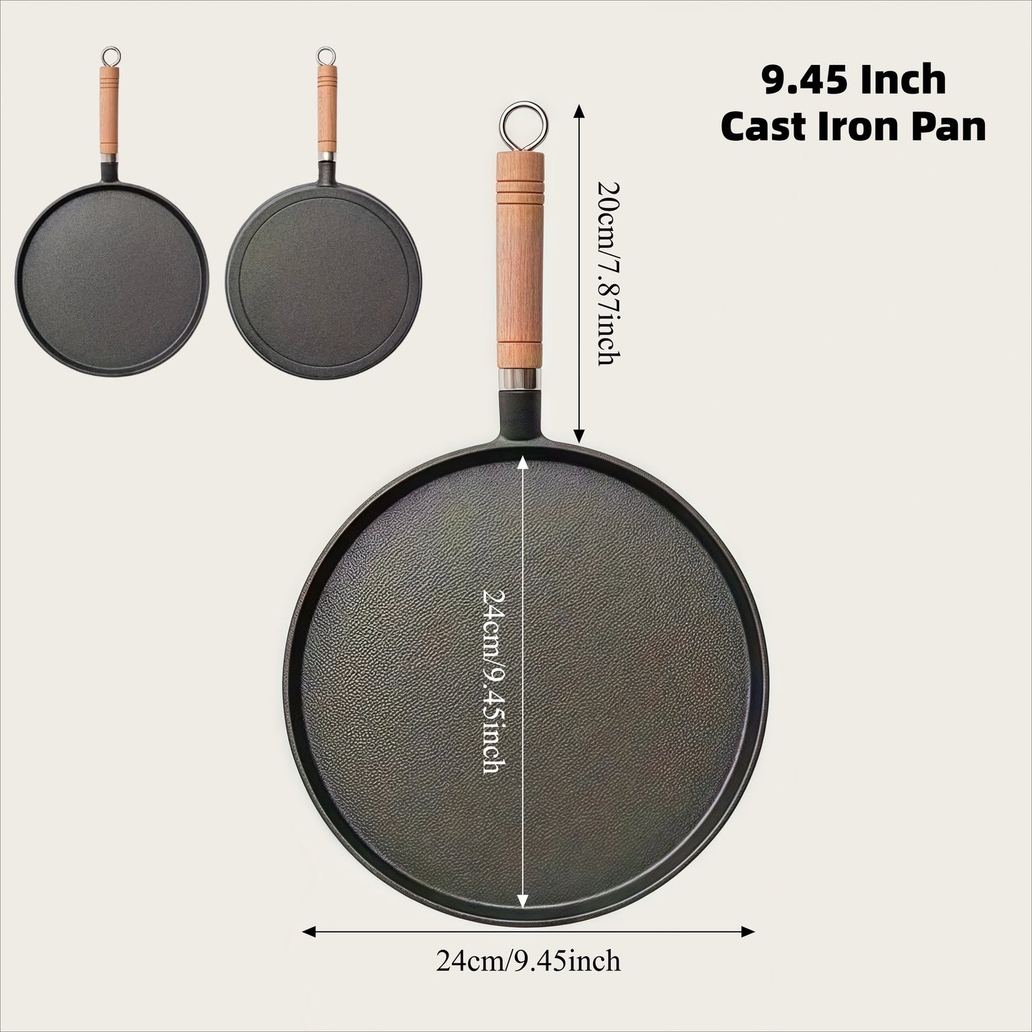 3 Sizes Cast Iron Skillet with Handle, 8.27/ 9.45/ 10.63 Inch Flat Pan for Pancakes, Ideal for Eggs and Crepes, Durable and Non-Stick Cookware for Induction, Gas, Campfire, Ideal for Breakfast, Grilling, Camping, Outdoor Cooking