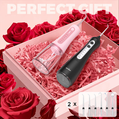 Electric Water Flosser, 9 ReplaceableNozzlesDental Oral Irrigator, 20 DaysBattery, 350mL Tank, Intelligent Chip For Precise Pressure Control, 360 Degree Rotatable Nozzle, Oral Irrigator For Deep Teeth And Gum Cleaning, Valentines Gift, 2pcs