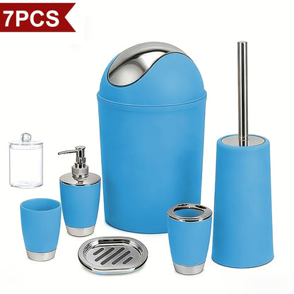 7pcs Luxury Bathroom Accessory Set - Premium Quality, Modern Style - Complete With Trash Can, Toilet Brush, Lotion Dispenser, Soap Dish, Mouthwash Cup & Toothbrush Holder - Space-Saving, Easy To Clean, Ideal For Bathroom Decor And Housewarming Gifts