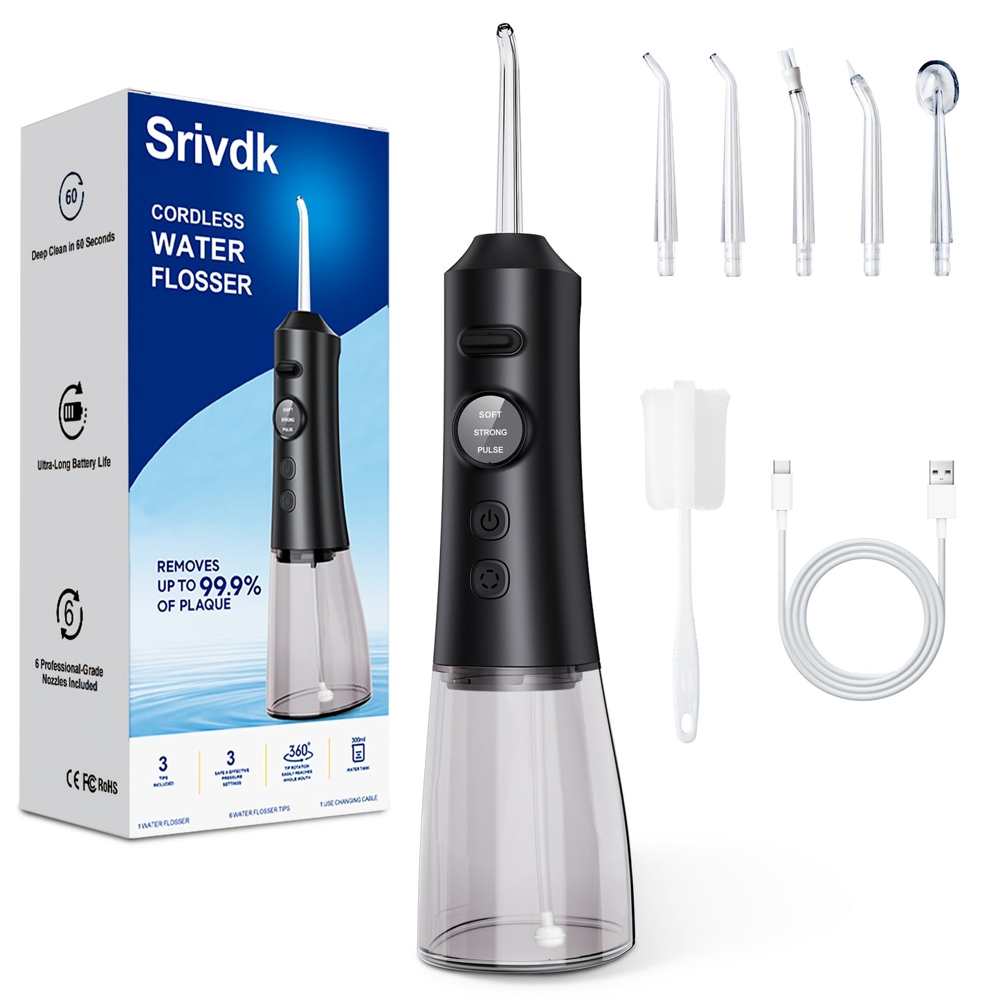 Water Flosser Cordless Oral Irrigator - Rechargeable Electric Dental Cleaner with 6 Nozzles, Precise Pressure Control, Plaque & Tartar Removal, USB Powered, Portable for Home & Travel