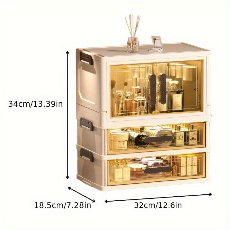 Three/ Four Floors Foldable Large Capacity Cosmetic Storage Cabinet with Transparent Drawers Stackable Plastic Organizer for Makeup, Skincare, Documents, And Books, Retro Style White Golden Design, Home Organization Elegant Aesthetic, Girl Gift