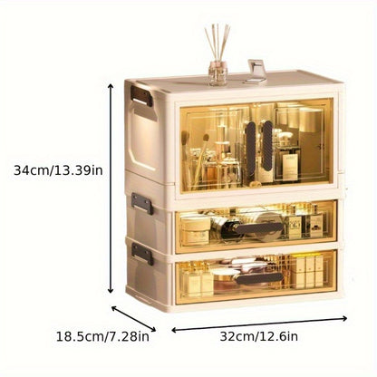Three/ Four Floors Foldable Large Capacity Cosmetic Storage Cabinet with Transparent Drawers Stackable Plastic Organizer for Makeup, Skincare, Documents, And Books, Retro Style White Golden Design, Home Organization Elegant Aesthetic, Girl Gift