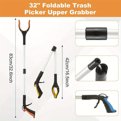 2-Pack 32" Grabber Reacher Tool- Foldable Trash Picker With 360° Rotating Jaw & Magnet, Extra Long & Heavy Duty Pick Up Stick For Seniors, Litter Picker, Mobility Aid