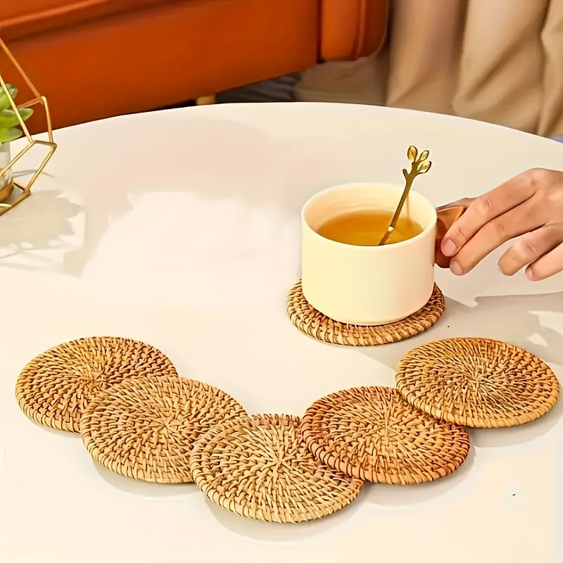 6pcs Set Handcrafted Rattan Woven Coasters, Heat-Resistant, Non-Slip Drink Mats for Kitchen & Dining Room Decor, Tabletop Protection(Excluding Coaster Baskets), Christmas Gifts