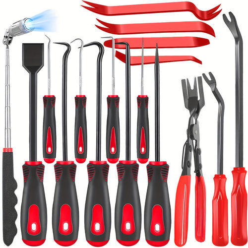 17pcs Hook And Paddle Tool Set, Automotive Trim Removal Kit, Including Fastener Clamps, Rivet Pullers, Magnetic Pickers, Gasket Scrapers, Scratch-free Plastic Prying Tools For Car Maintenance, A Great Choice For Daily Use And Gifting.