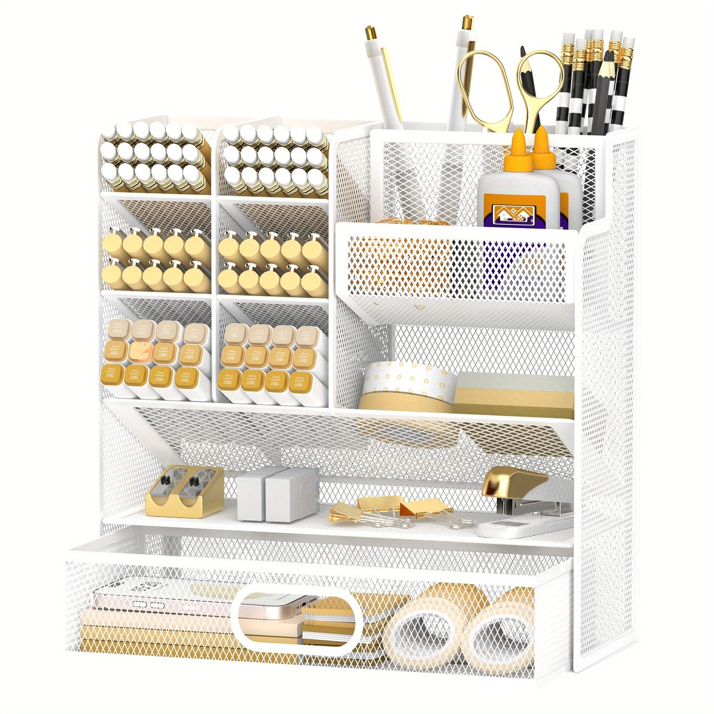 SUPEASY Desk Organizer With Drawer, Multifunctional Mesh Desk Pen Organizer, Desk Organizer With Pen Holder And Accessories For Office And Art Supplies