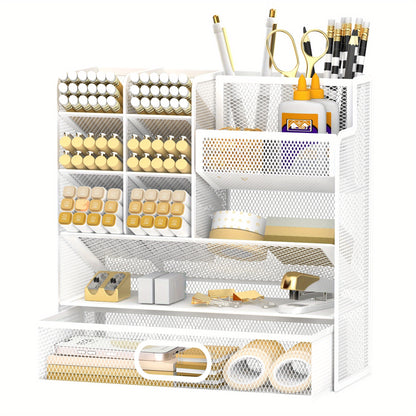 SUPEASY Desk Organizer With Drawer, Multifunctional Mesh Desk Pen Organizer, Desk Organizer With Pen Holder And Accessories For Office And Art Supplies