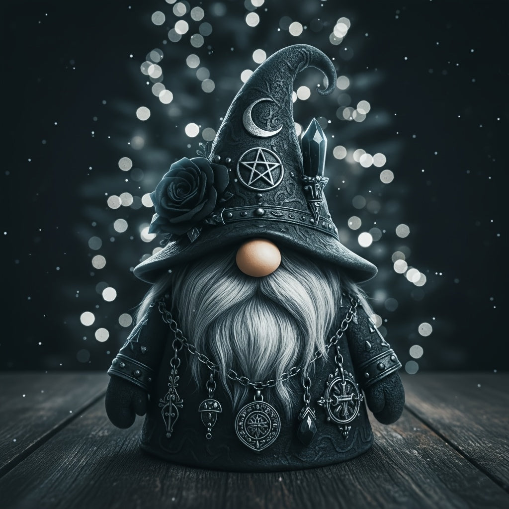Resin Figurine Gothic Elf Dwarf Statue – Vintage Fantasy Desktop Ornament with Crescent Pentagram Black Rose Gray Beard – Mysterious Collectible Sculpture for Home Office Shelf Decor Gift