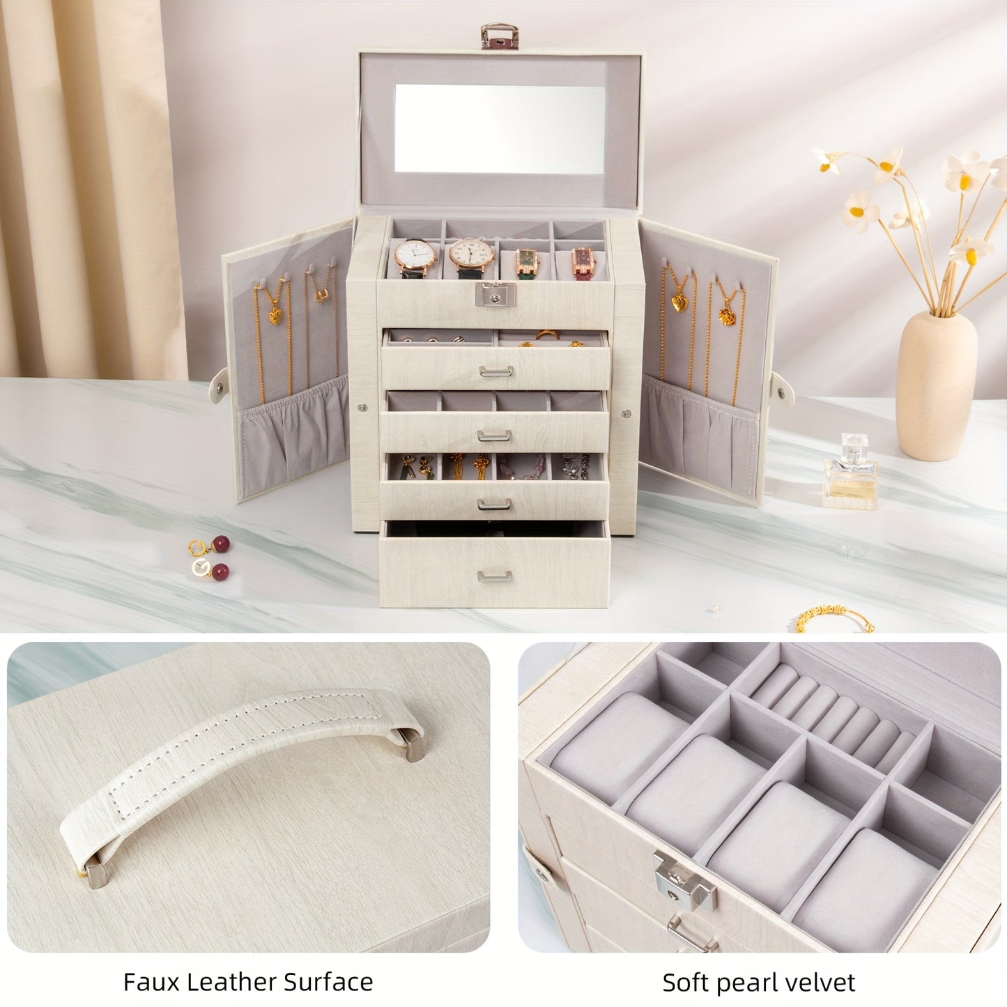 Large Jewelry Box, 5-Tier PU Leather Jewelry Organizer with Lock, Multi-Functional Storage Case with Mirror, Jewelry Organizer for Bracelets, Earrings, Rings, Necklaces, Mother'S Day, Jewelry Boxes