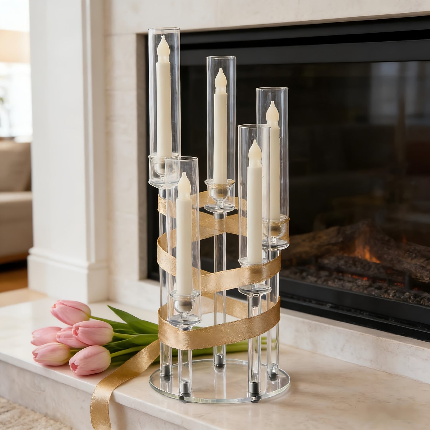 Clear Candelabra 5Arm Candlestick Candle Holder Acrylic, Taper Candle Holders For Wedding Centerpiece Dining Table Party Anniversary Decor