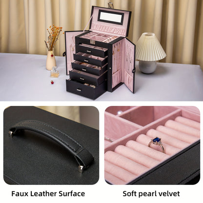 FEIYAN 6 Tier Jewelry Box, Jewelry Case With 5 Drawers, Large Storage Capacity, With Mirror, Lockable, Jewelry Storage Organizer, Gift For Loved Ones