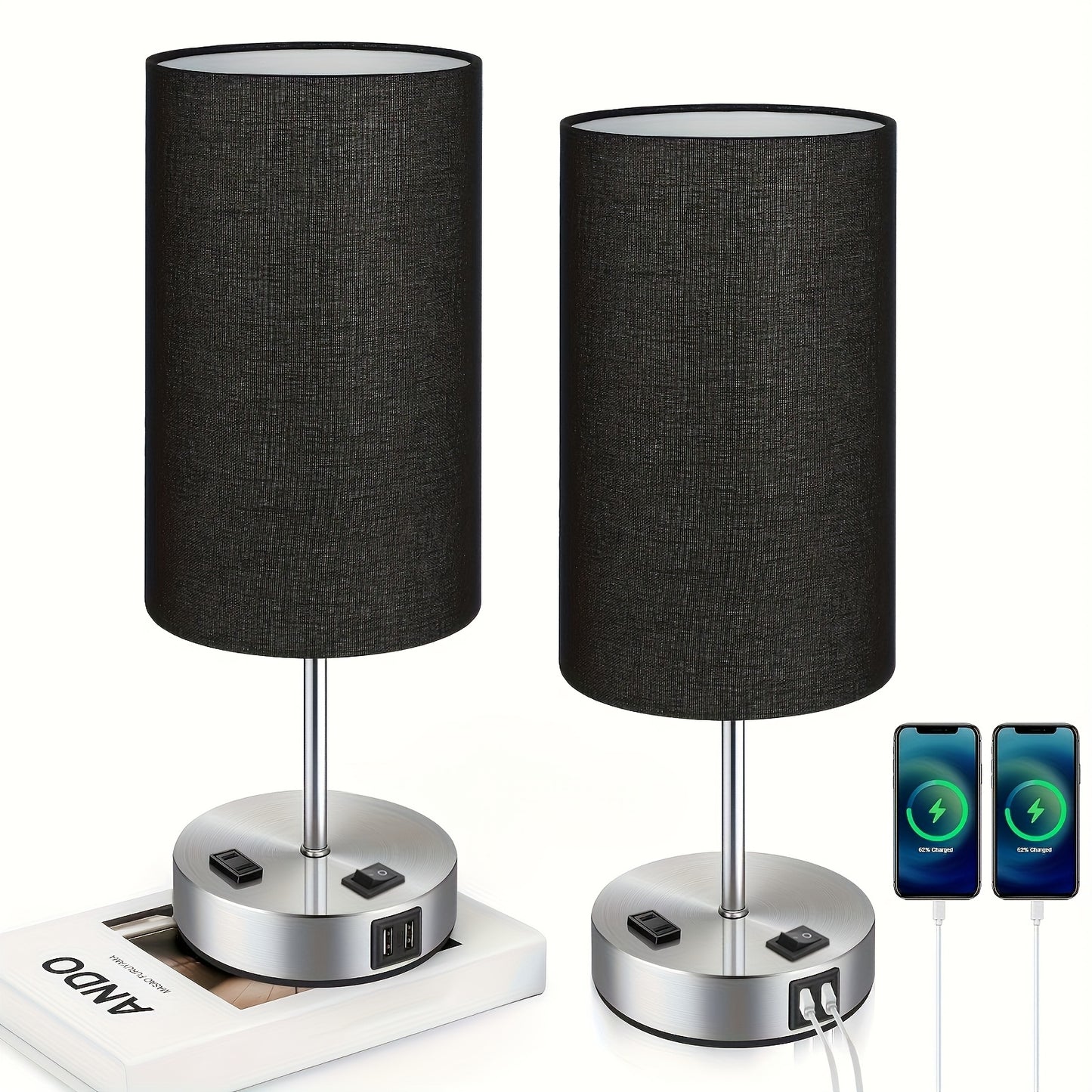 Dimmable Table Lamps With USB Charging Ports & AC Outlet, 3-Way Switch Control Bedside Nightstand Lamps, Wood/Metal Base, Modern Desk Lamps For Bedroom, Living Room, Office, Bulbs Included (1/2 Pack)